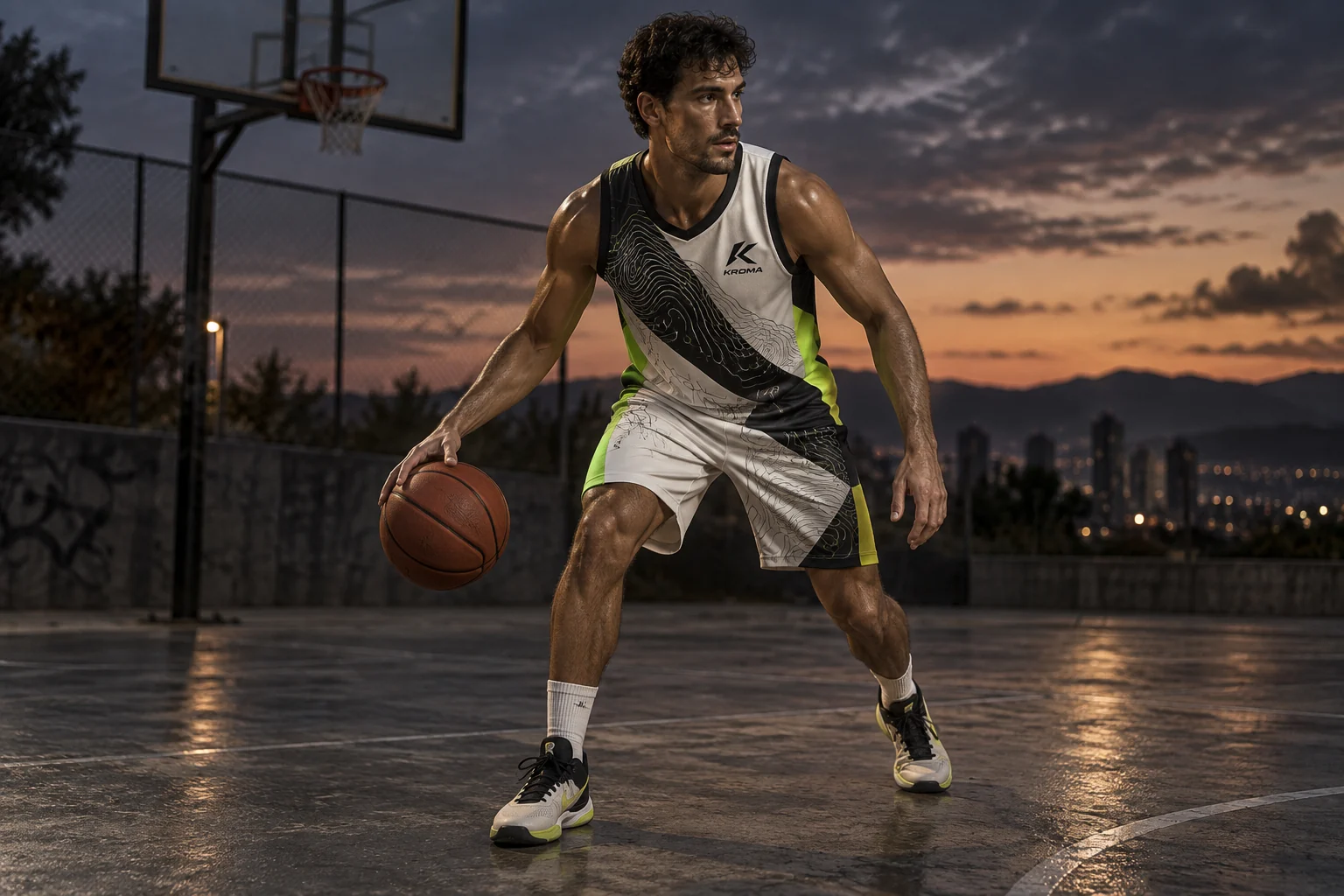 Mockup fotográfico de un jugador de baloncesto botando con camiseta sin mangas y pantalón Kroma blanco, negro y lima
