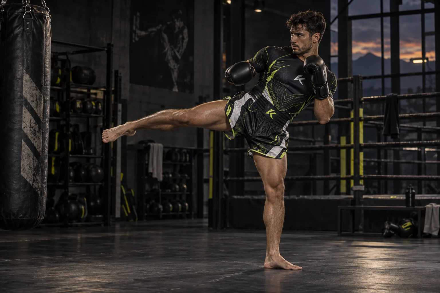 Mockup fotográfico de un deportista de Muay Thai con camiseta slimfit y pantalón corto de pelea Kroma