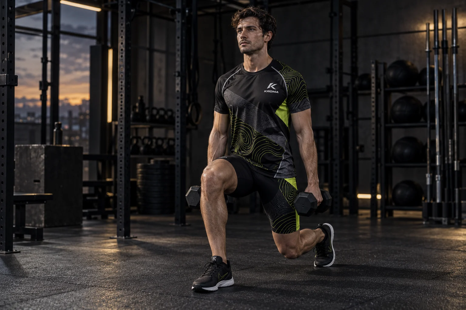 Mockup fotográfico de un hombre entrenando con camiseta técnica y mallas cortas Kroma negras con gráficos lima