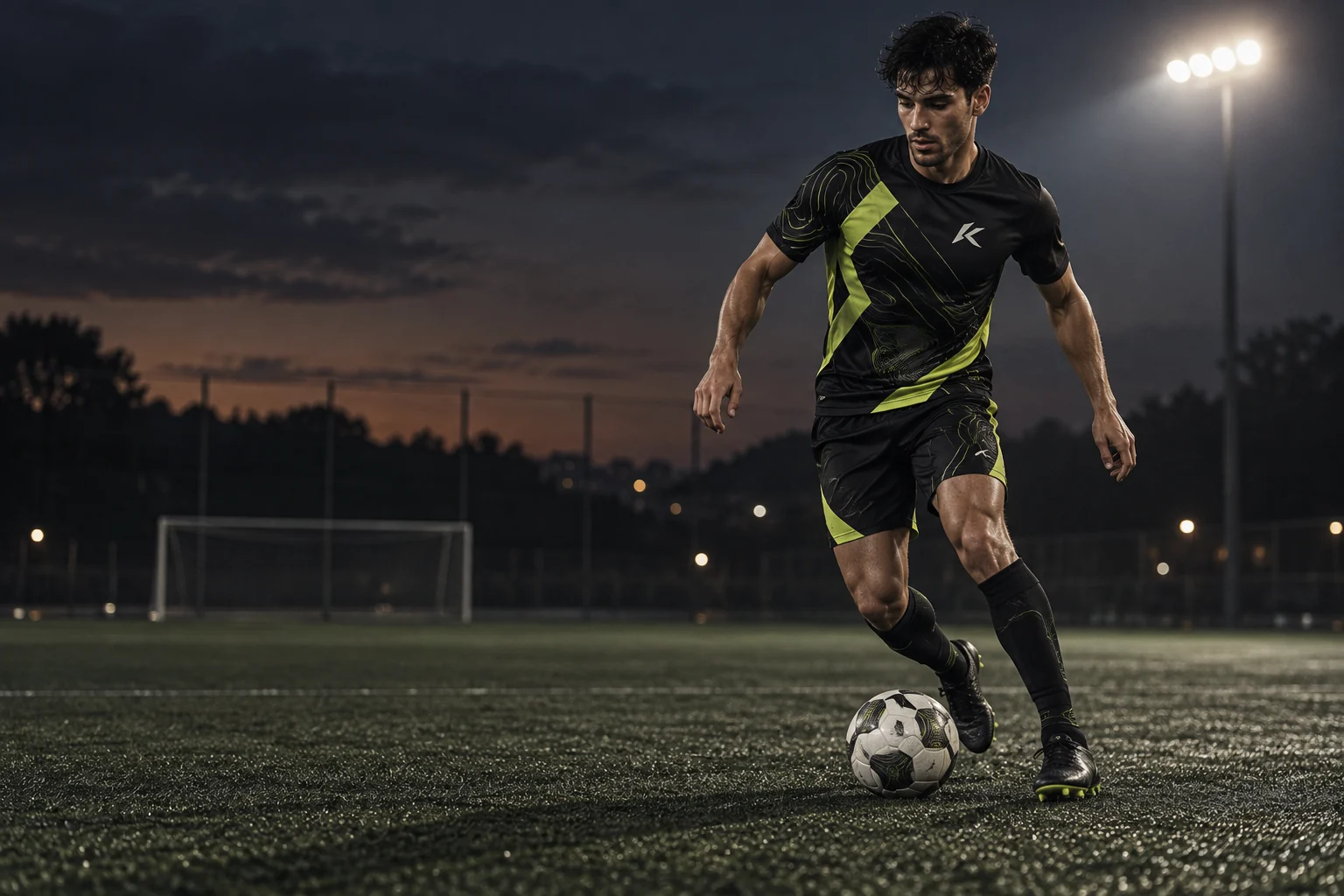 Diseño de concepto Kroma: futbolista en acción con equipación negra y gráficos lima