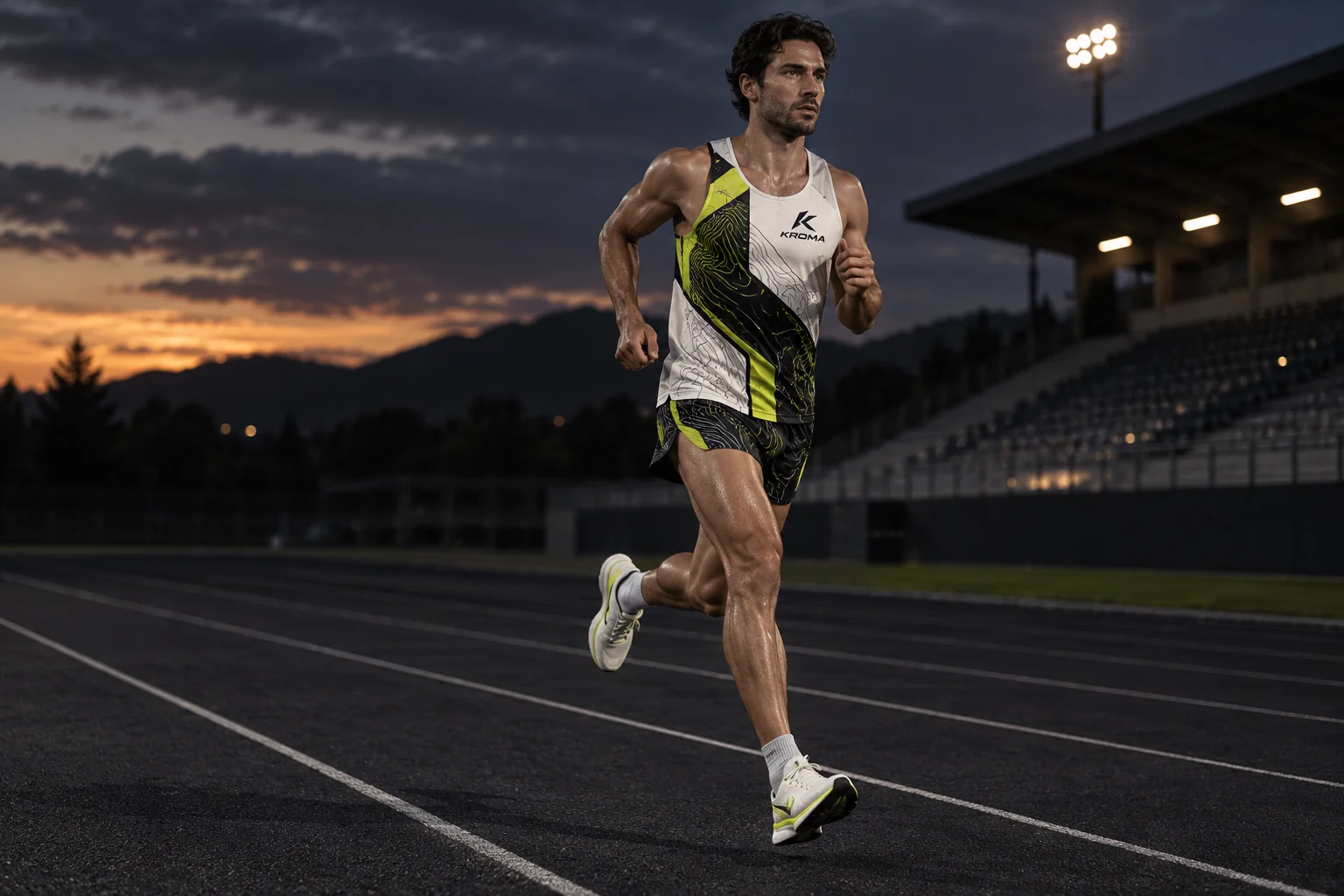 Mockup fotográfico de un corredor con camiseta de atletismo de asillas y pantalón corto Kroma