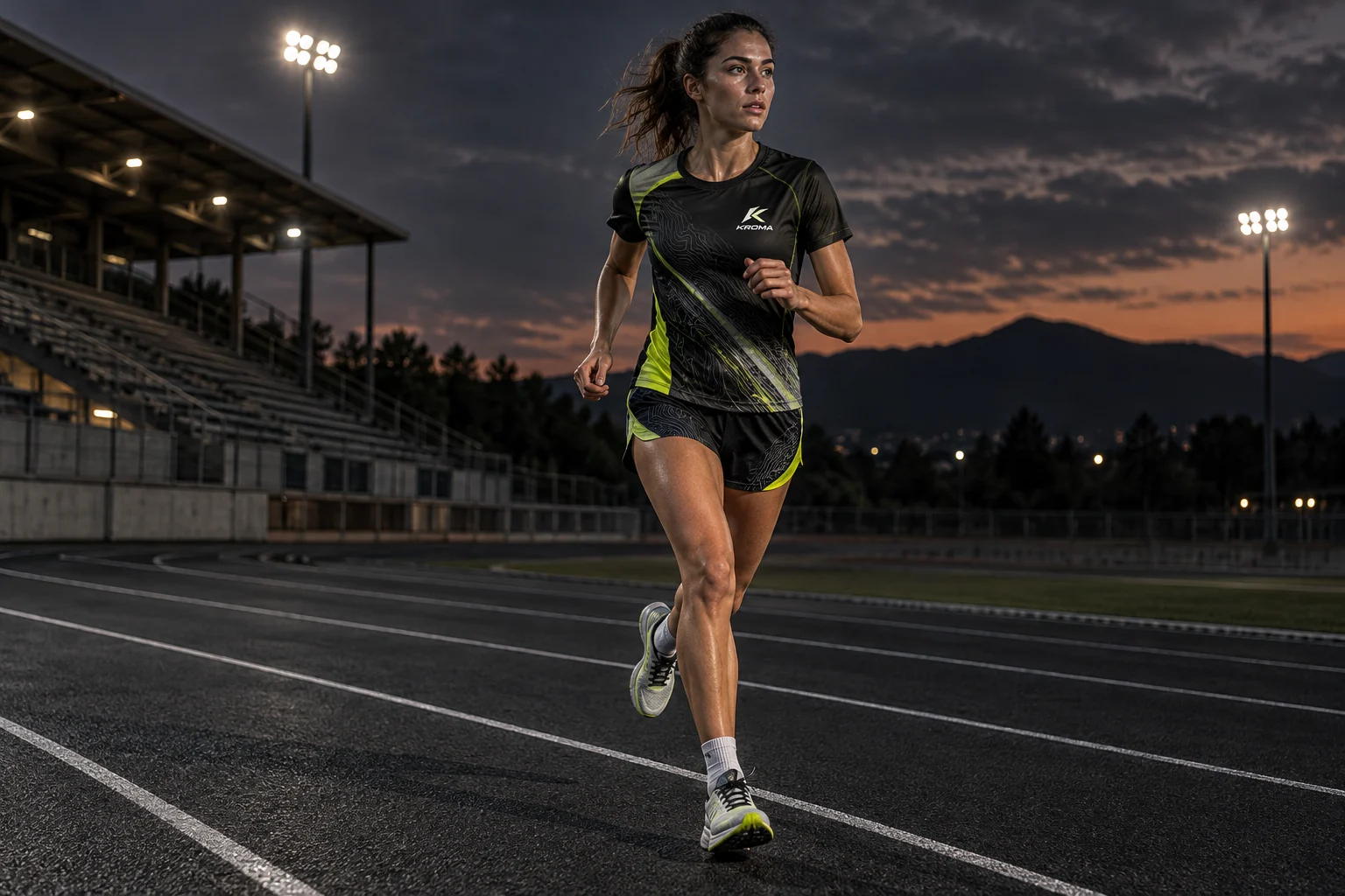 Deportista corriendo con camiseta y pantalón Kroma, diseño de concepto negro y lima